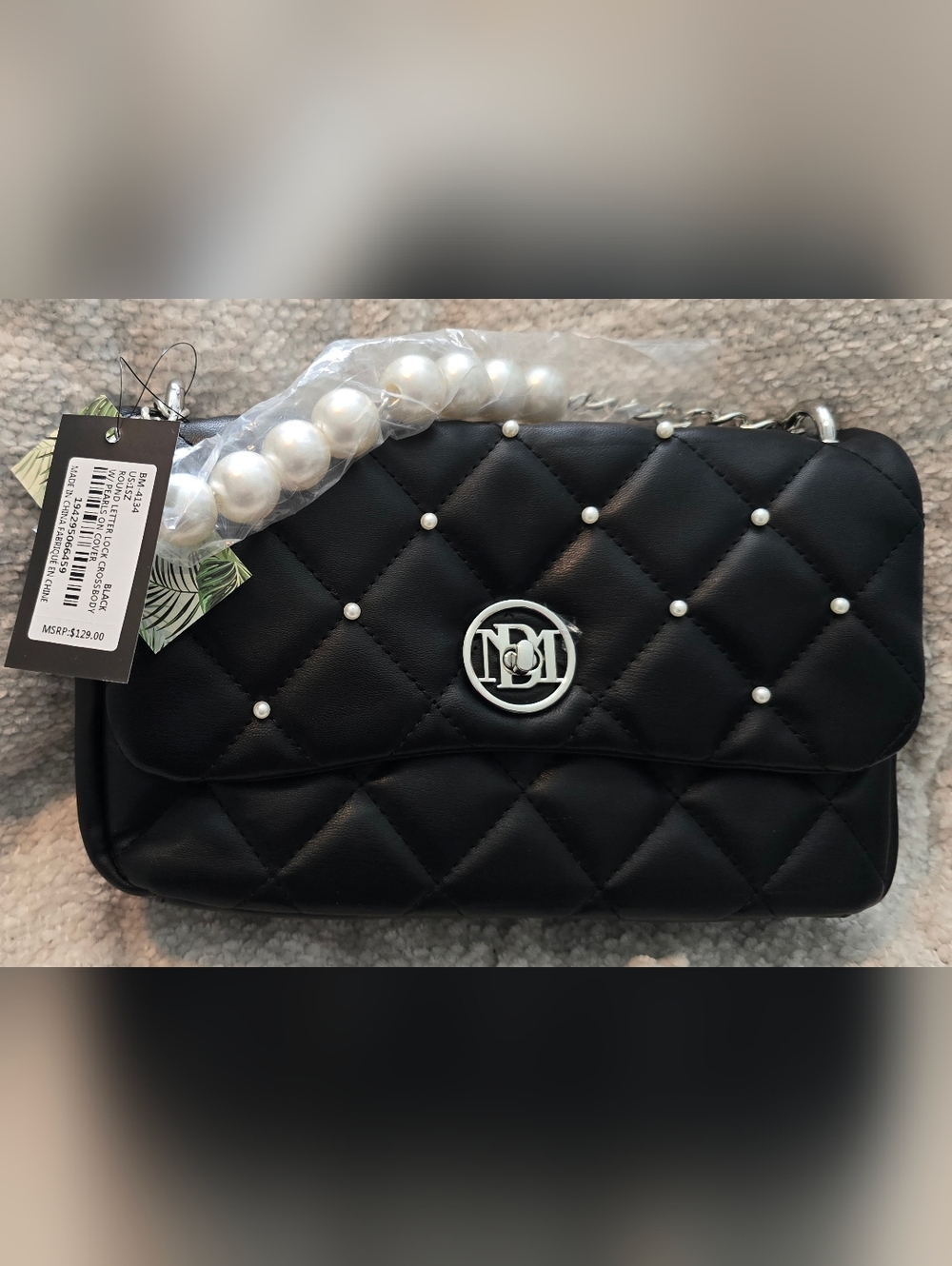 Badgley Mischka Black Quilted Round Letter Lock Crossbody with Pearls